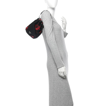 Prada Tessuto Nylon Spazzolato Rose Print Bucket Bag Black Rosso 2 of 13