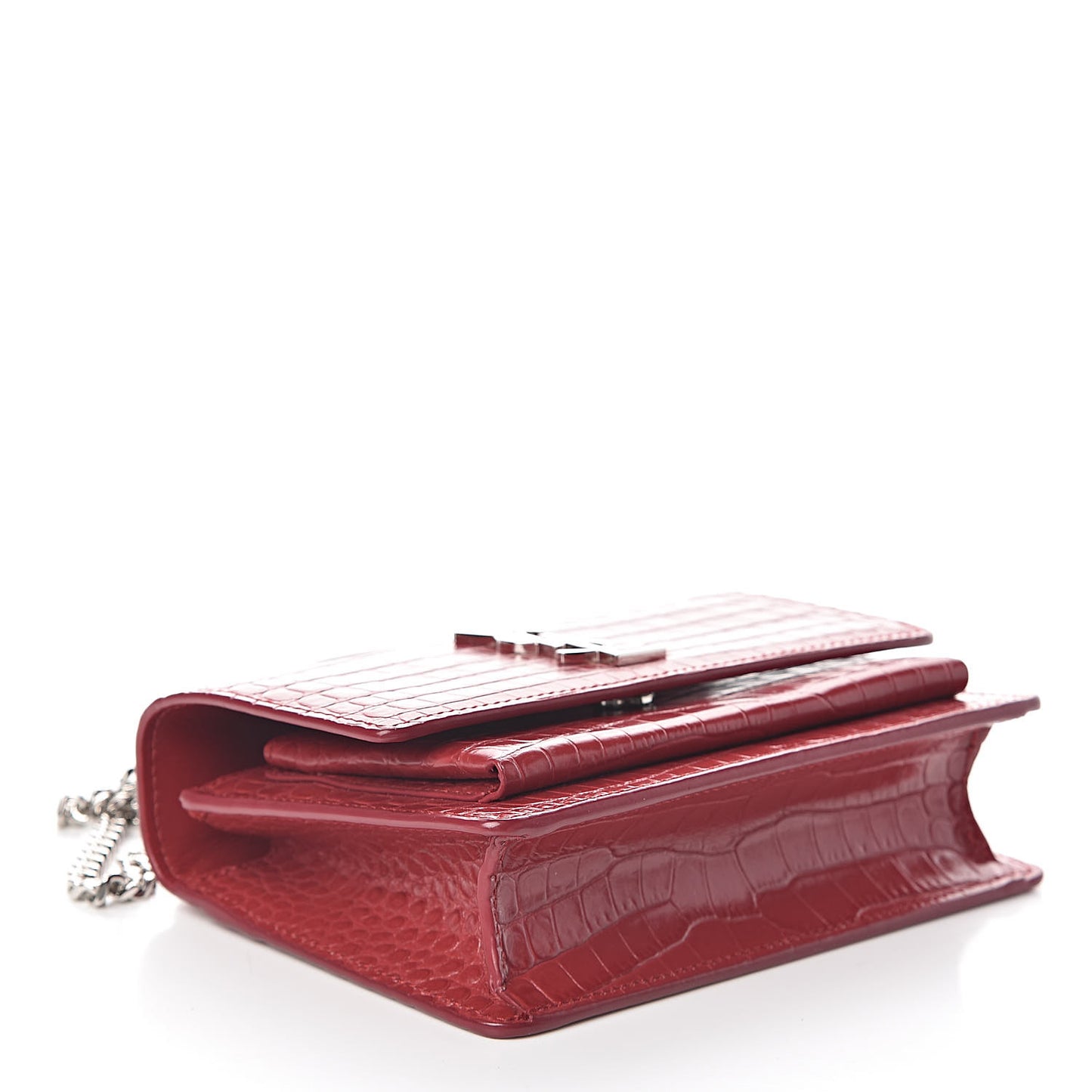 Calfskin Crocodile Embossed Monogram Sunset Chain Wallet New Lipstick Red