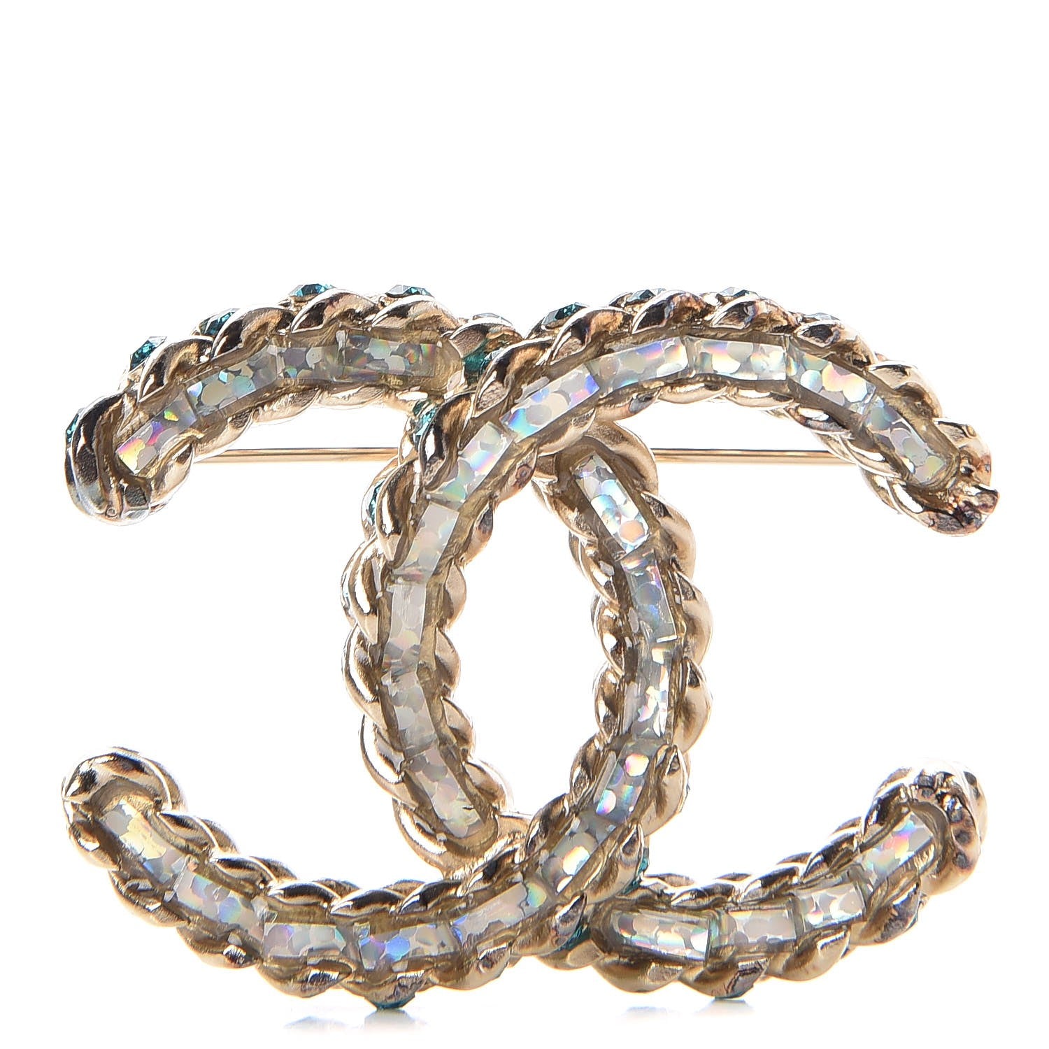 Chanel Iridescent Crystal CC Brooch Blue Gold 1 of 6