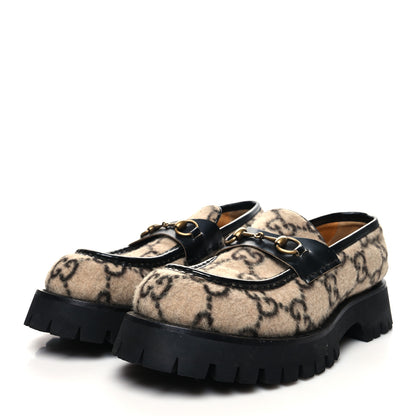 Gucci Covered Wool Cordovan Lux GG Monogram Mens Harald Horsebit Platform Loafers 9 Beige Ebony 3 of 9