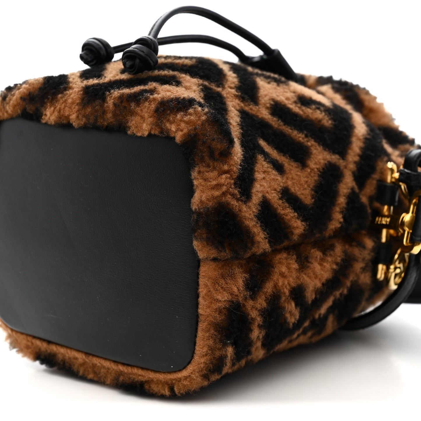 Shearling Vitello Dolce F is Fendi Macro FF 1974 Mini Mon Tresor Bucket Bag Tobacco Black
