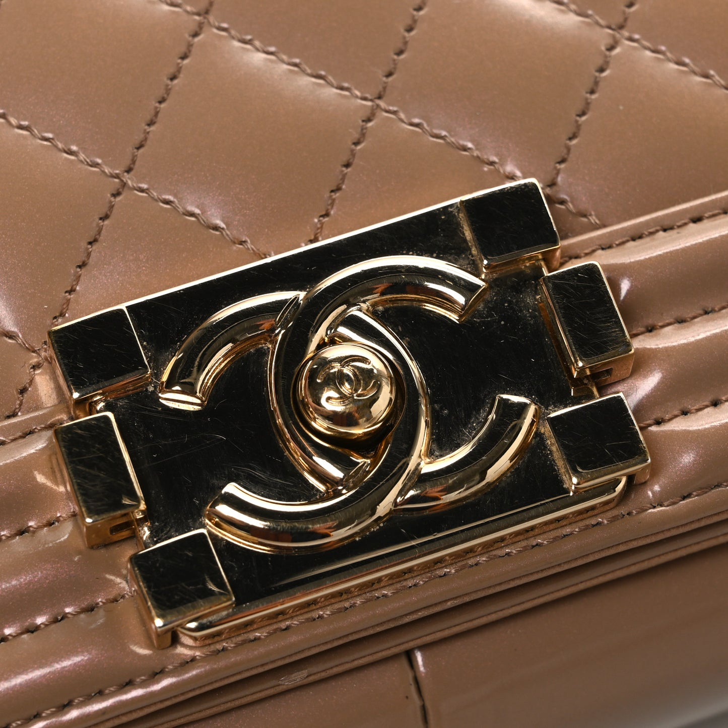 Iridescent Glazed Calfskin Quilted New Medium Boy Flap Dark Beige