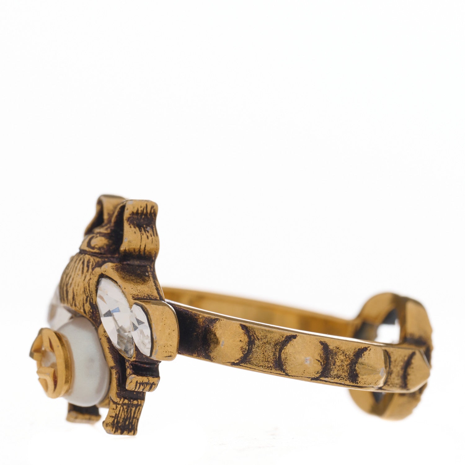 Gucci Metal Crystal Pearl Bee Ring Aged Gold 2 of 4