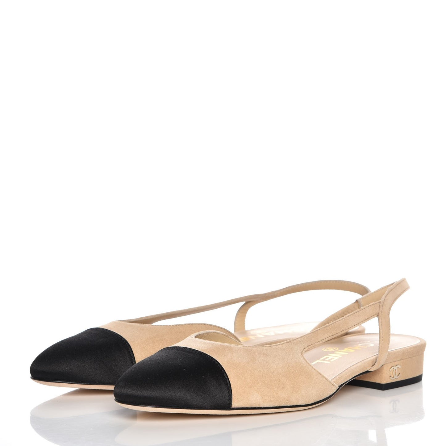 Suede Satin Cap Toe CC Slingback Sandals 35 Beige Black