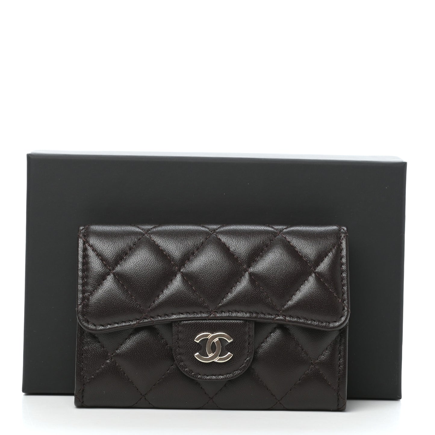 Lambskin Quilted Flap Card Holder Wallet Dark Brown
