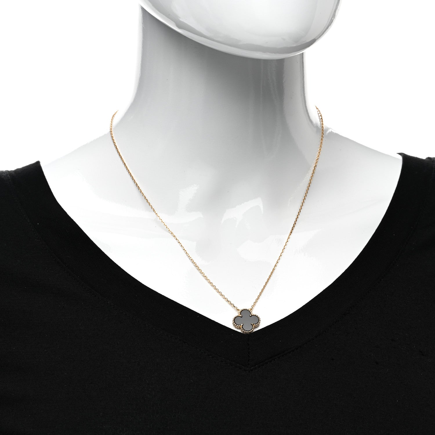 Van Cleef & Arpels 18K Yellow Gold Black Onyx Vintage Alhambra Pendant Necklace 2 of 5