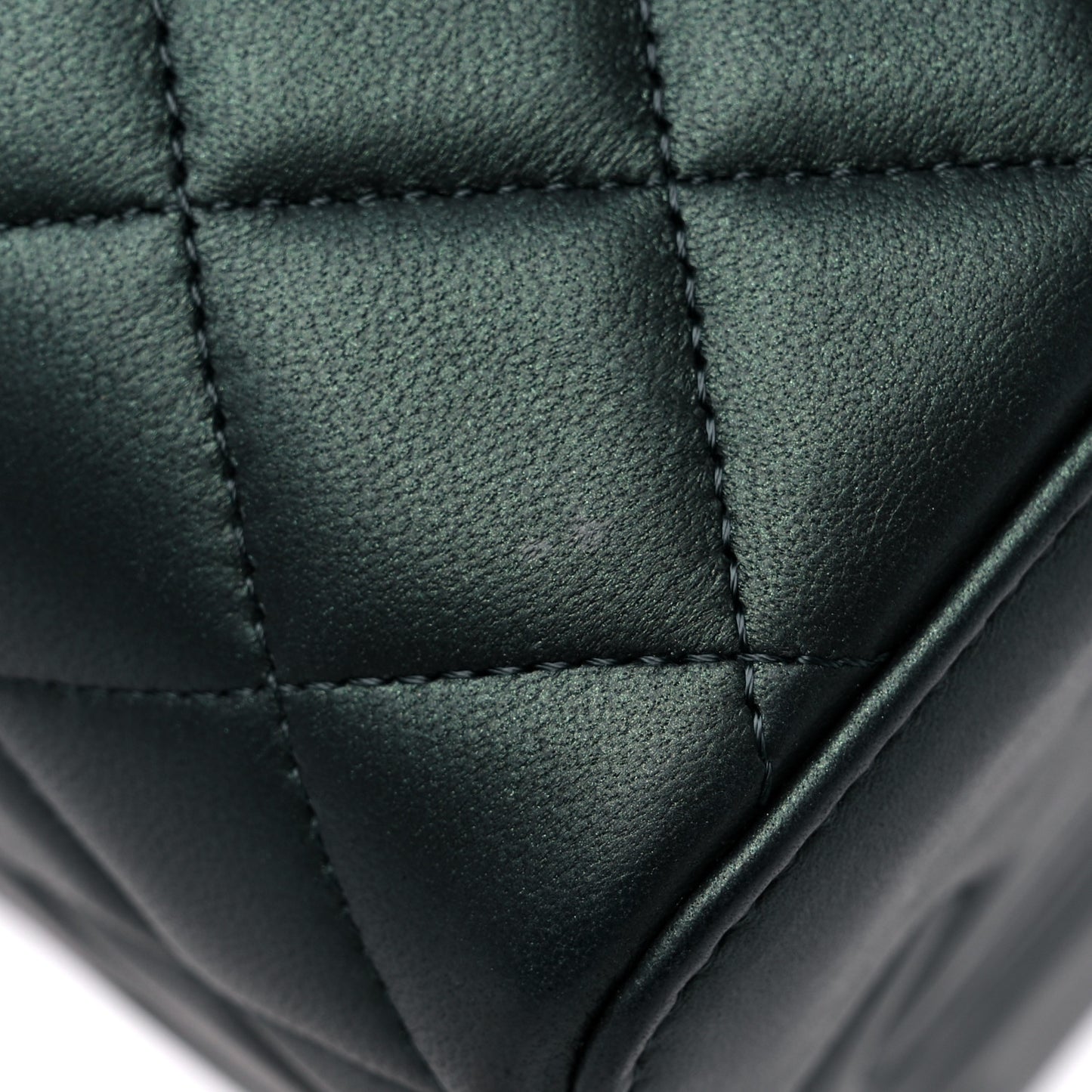 Iridescent Lambskin Quilted Small Top Handle Vanity Case With Chain Dark Green