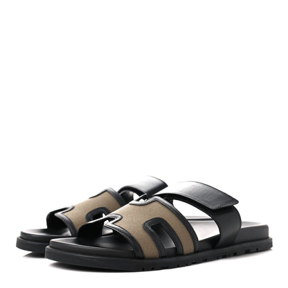 Hermes Canvas Calfskin Mens Chypre Sandals 44 Kaki Black 3 of 8
