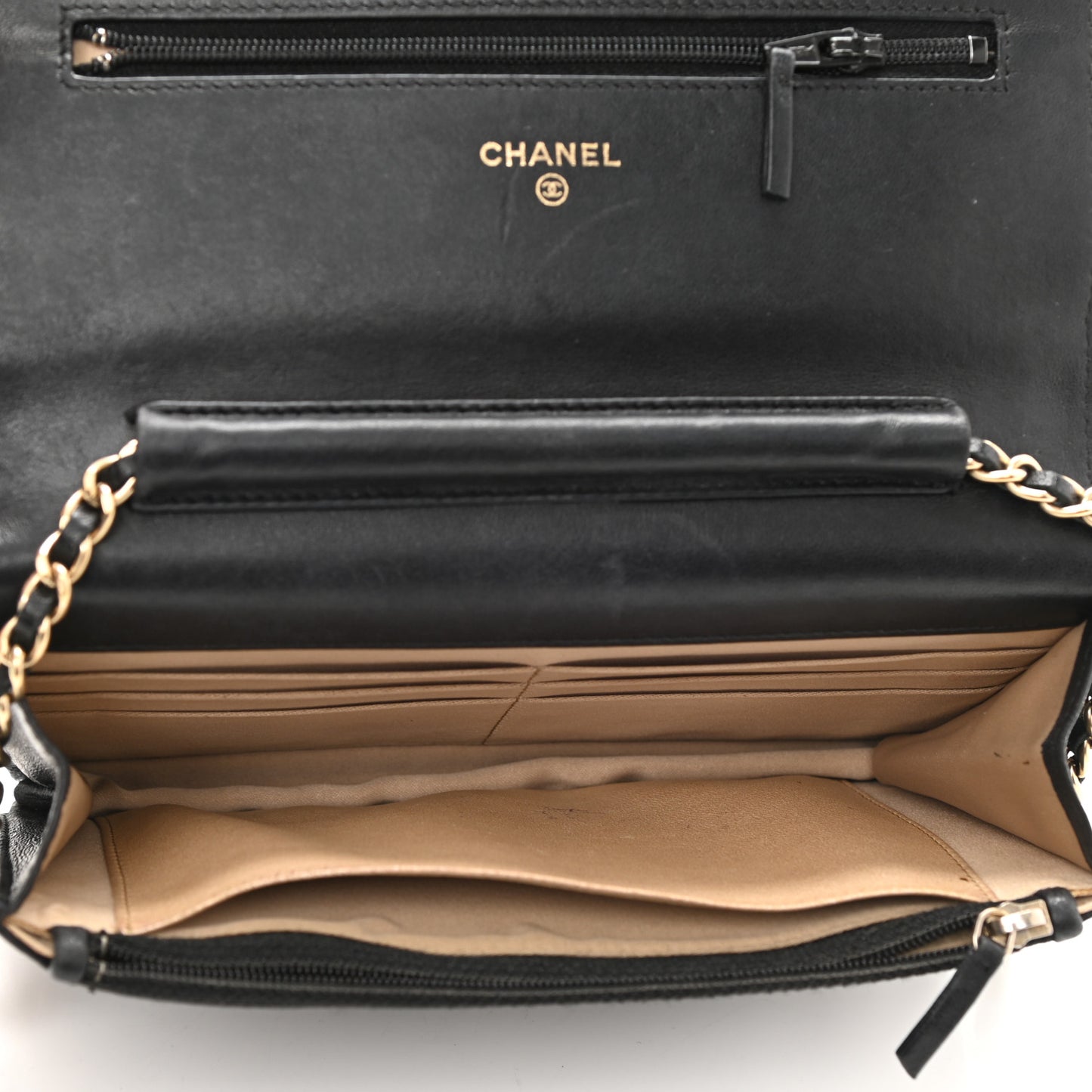 Lambskin Camellia Embossed Wallet on Chain WOC Black