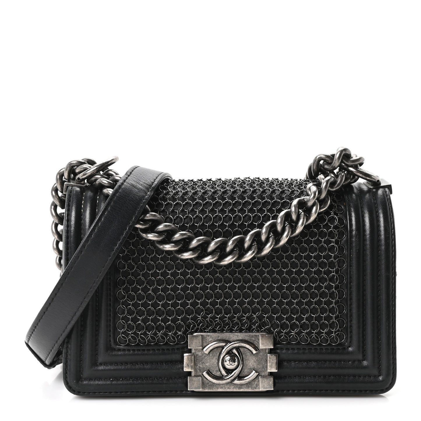 Lambskin Quilted Small Chain Mail Boy Flap Black