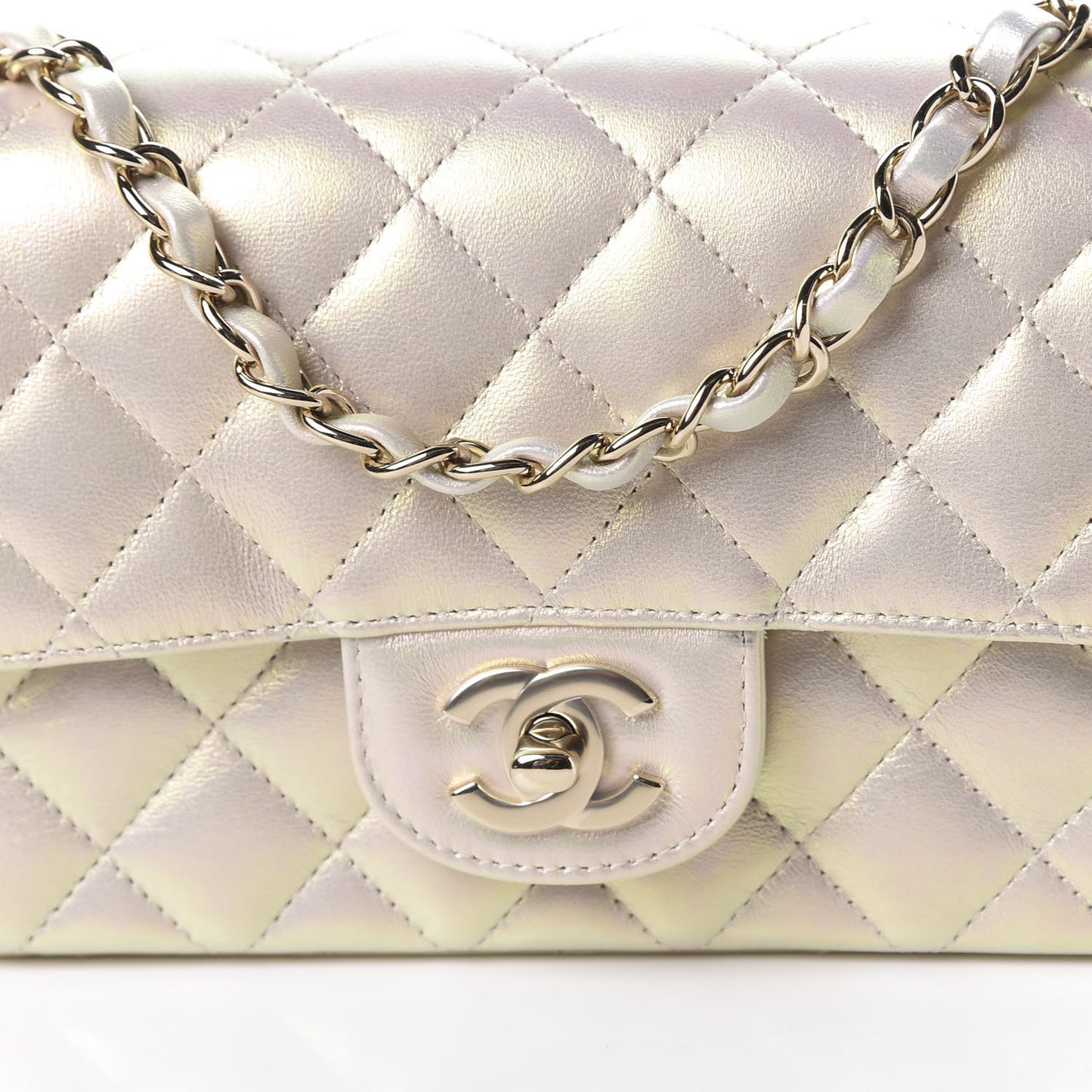 Iridescent Lambskin Quilted Mini Rectangular Flap Ivory
