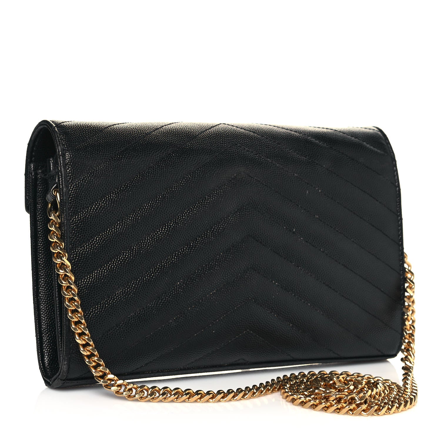 Saint Laurent Grain De Poudre Matelasse Chevron Monogram Chain Wallet Black 3 of 14
