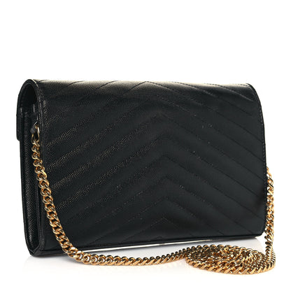 Saint Laurent Grain De Poudre Matelasse Chevron Monogram Chain Wallet Black 3 of 14