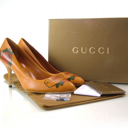 Gucci Leather Heart Tattoo Pumps 39.5 Tan 4 of 8