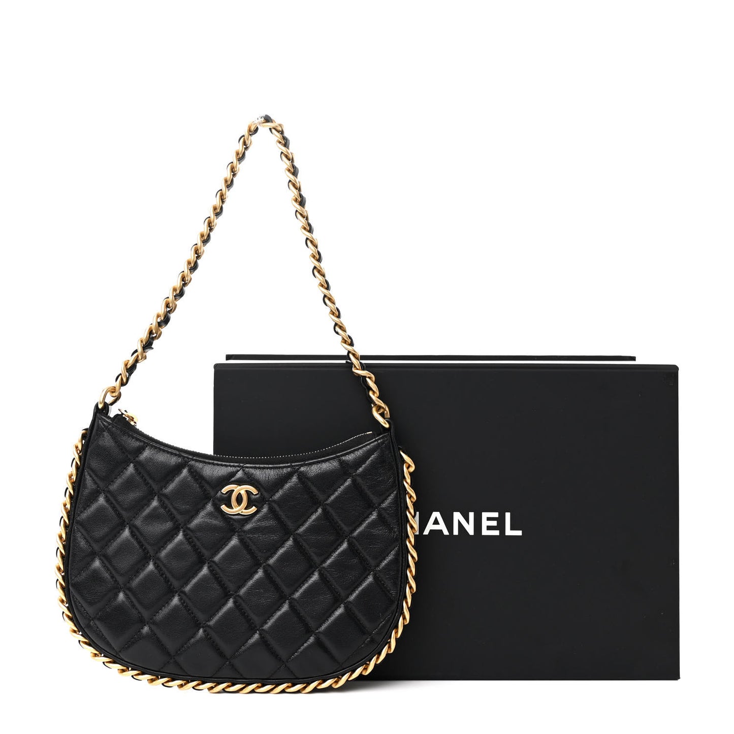 Shiny Crumpled Lambskin Quilted Trendy Chain Around Hobo Black