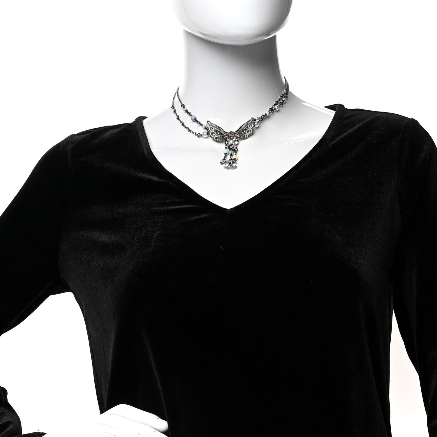 Crystal Pearl Enamel CC Butterfly Choker Necklace Silver Multicolor