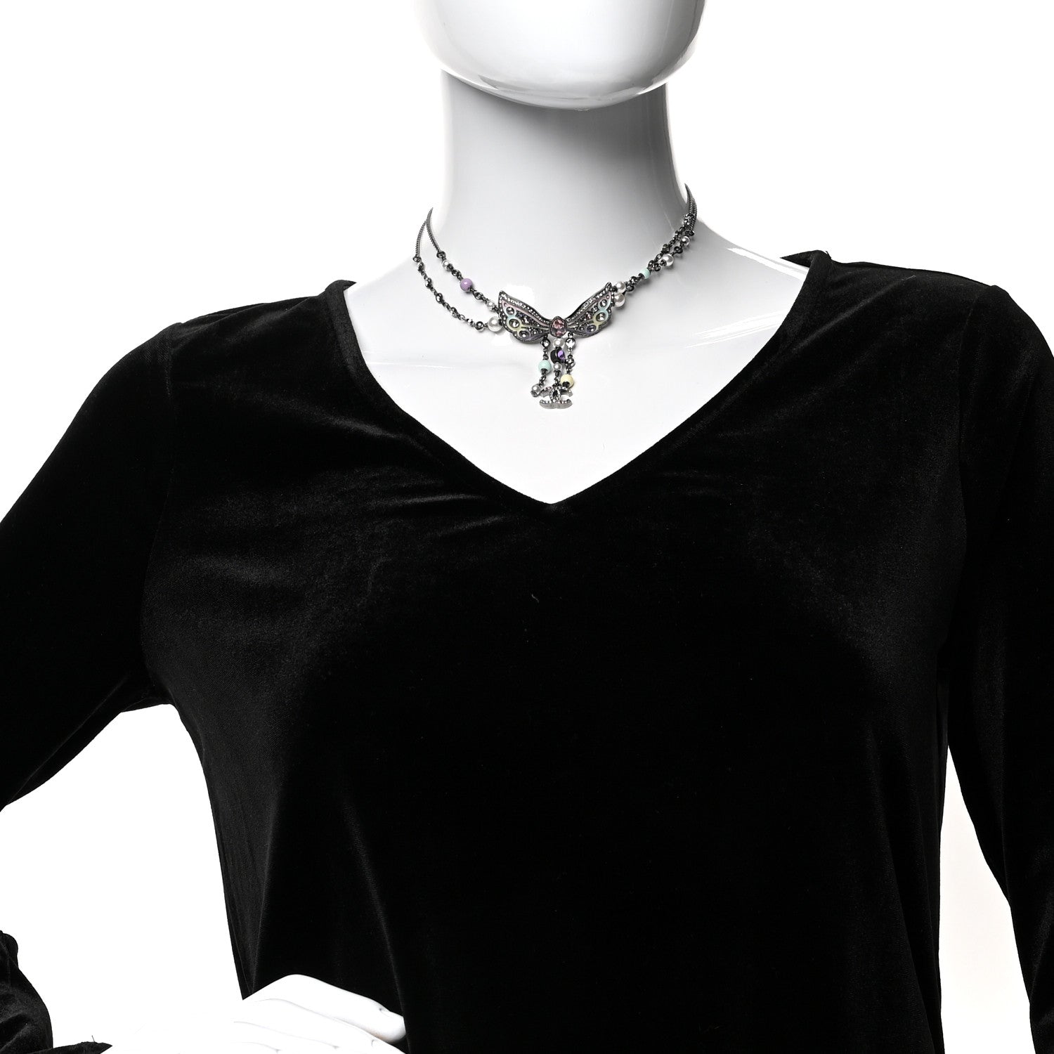 Chanel Crystal Pearl Enamel CC Butterfly Choker Necklace Silver Multicolor 2 of 5