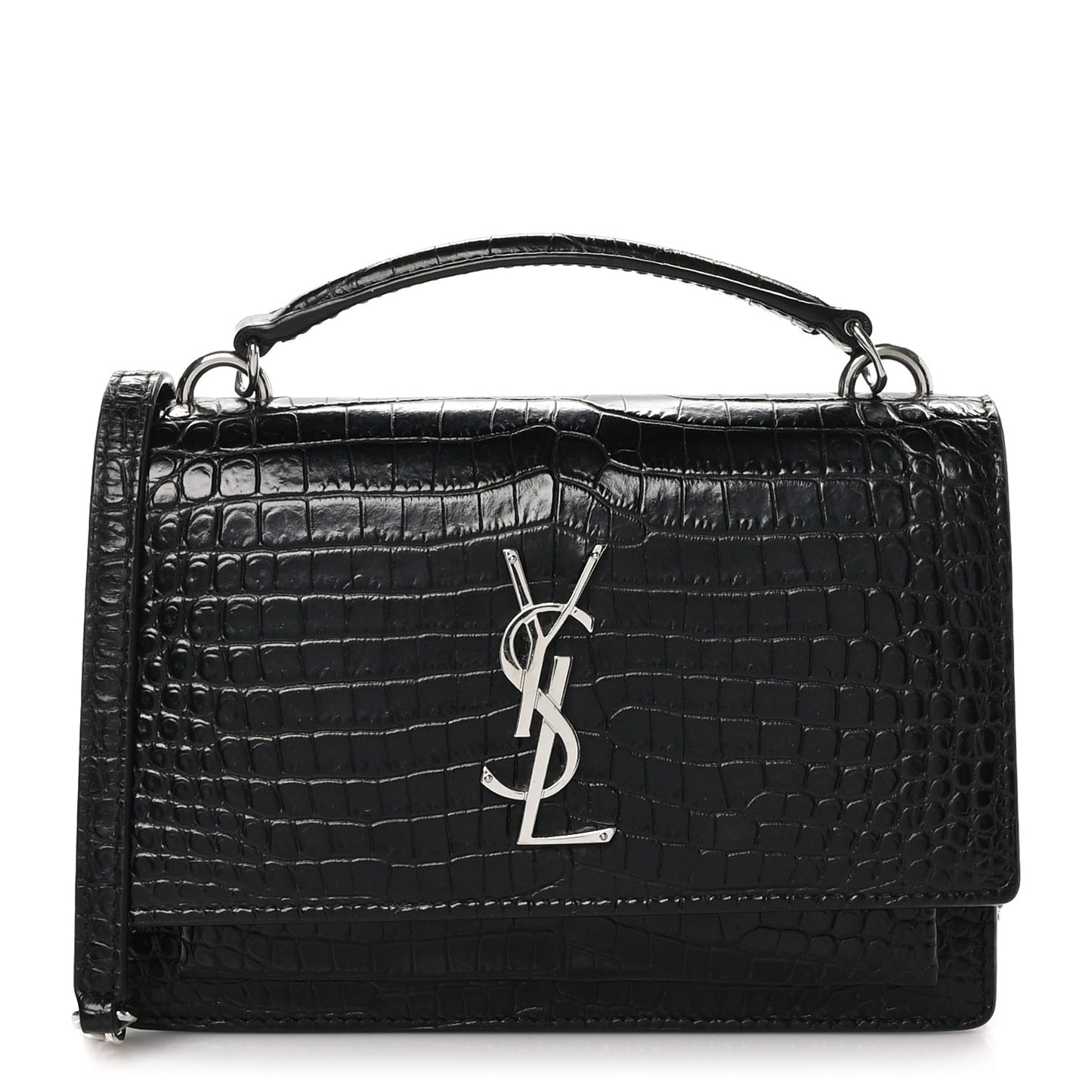 Calfskin Crocodile Embossed Monogram Sunset Top Handle Chain Wallet Black