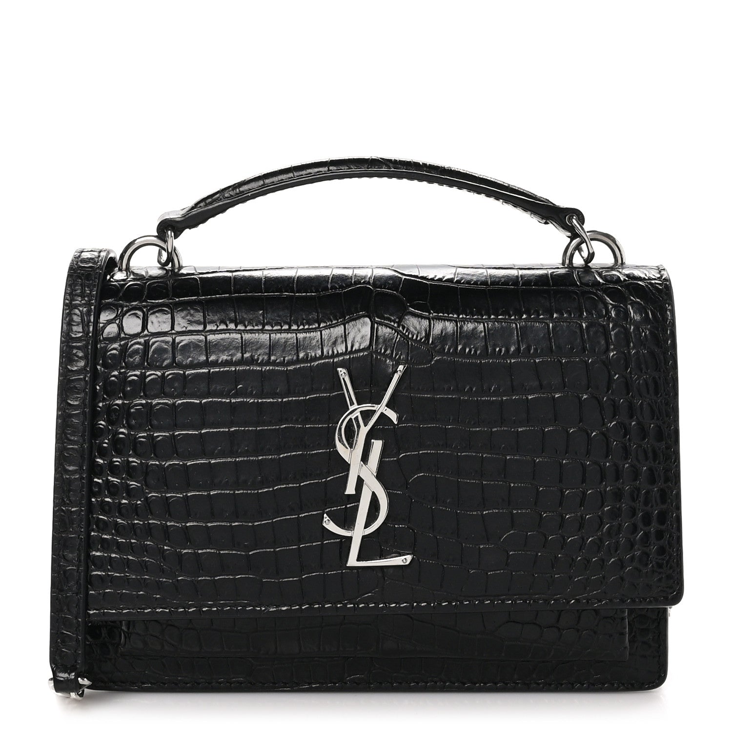 Saint Laurent Calfskin Crocodile Embossed Monogram Sunset Top Handle Chain Wallet Black 1 of 9
