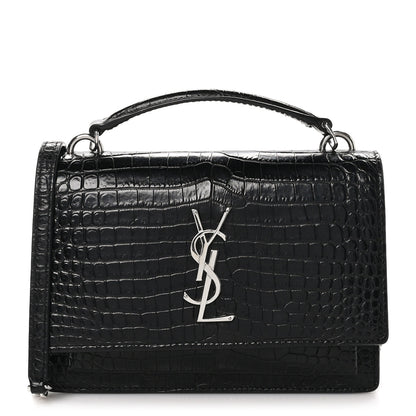 Saint Laurent Calfskin Crocodile Embossed Monogram Sunset Top Handle Chain Wallet Black 1 of 9