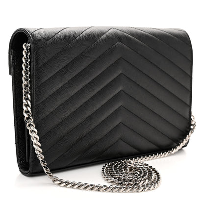Saint Laurent Grain De Poudre Matelasse Chevron Monogram Chain Wallet Black 3 of 9