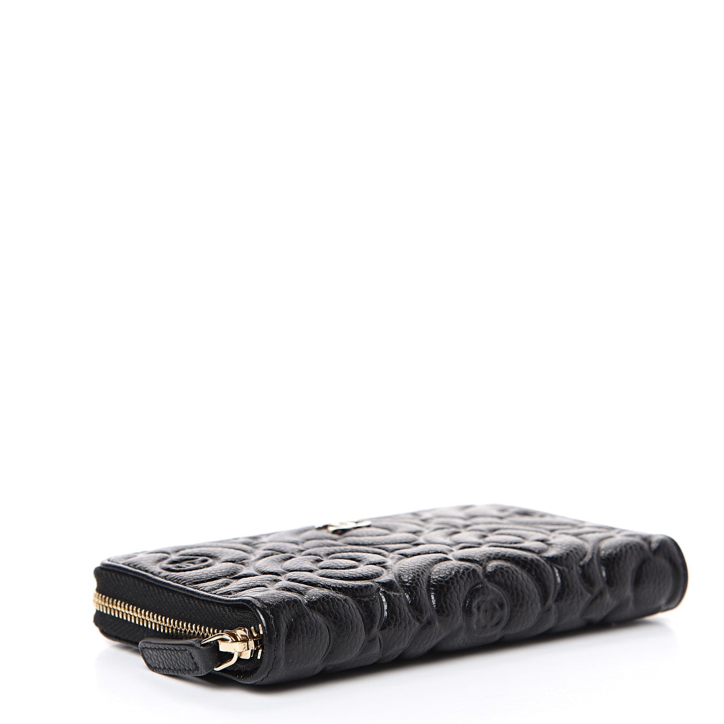 Caviar Camellia Embossed Medium Zip Around Wallet Black