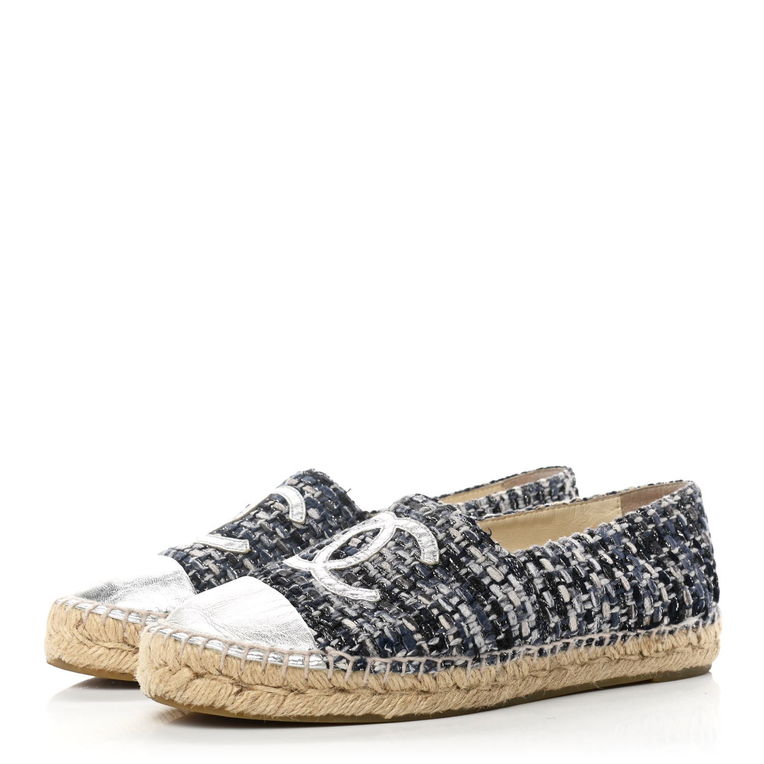 Chanel Metallic Tweed Lambskin CC Espadrilles 38 Blue Black Silver 3 of 11