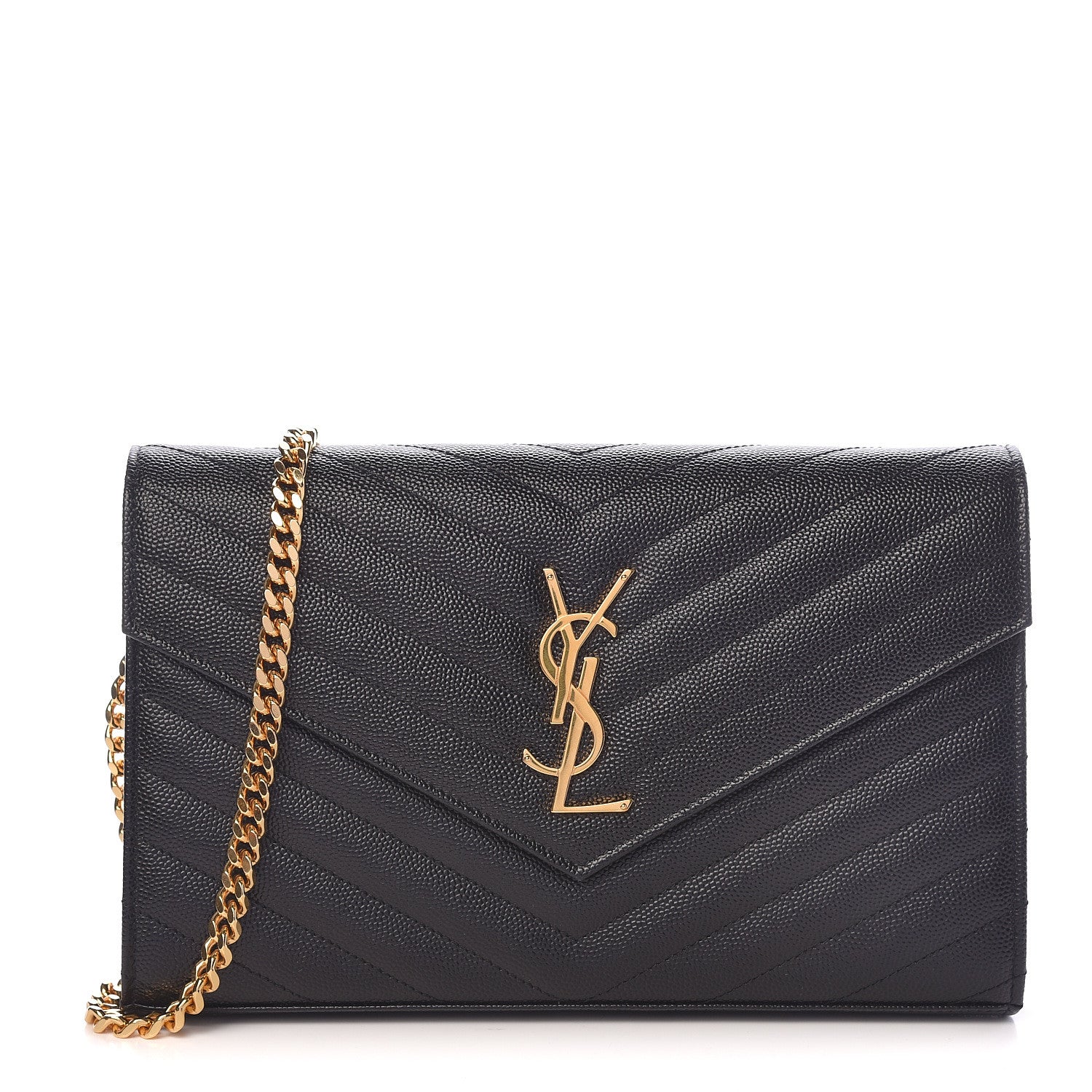 Saint Laurent Grain De Poudre Matelasse Chevron Monogram Chain Wallet Black 1 of 15
