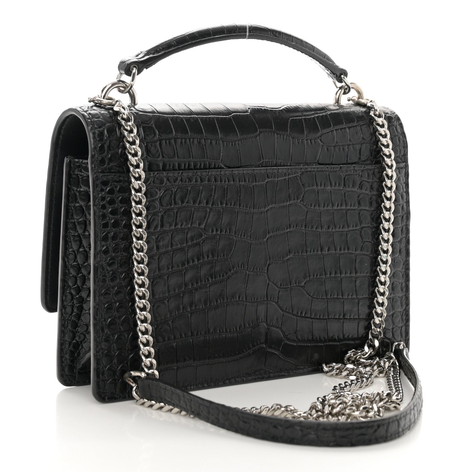 Saint Laurent Calfskin Crocodile Embossed Monogram Sunset Chain Wallet Black 3 of 11