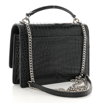 Saint Laurent Calfskin Crocodile Embossed Monogram Sunset Chain Wallet Black 3 of 11