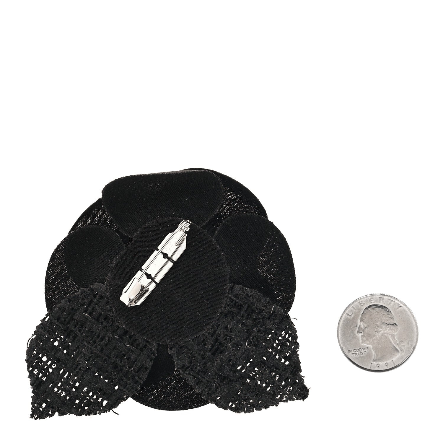 Chanel Tweed Camellia Pin Brooch Black 2 of 3
