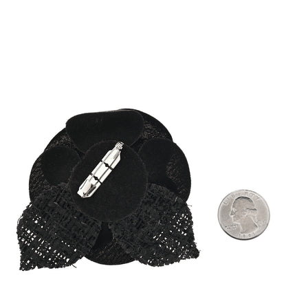Chanel Tweed Camellia Pin Brooch Black 2 of 3