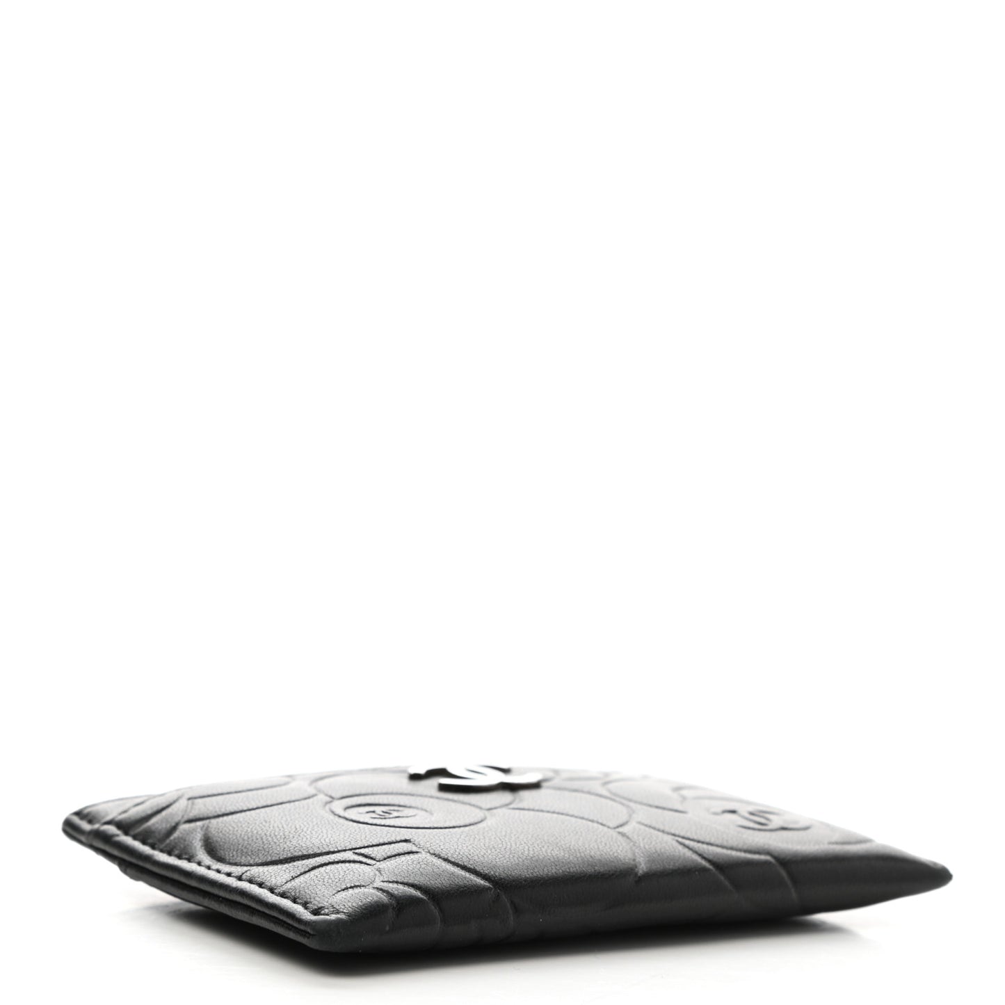 Lambskin Camellia Embossed Card Holder Black