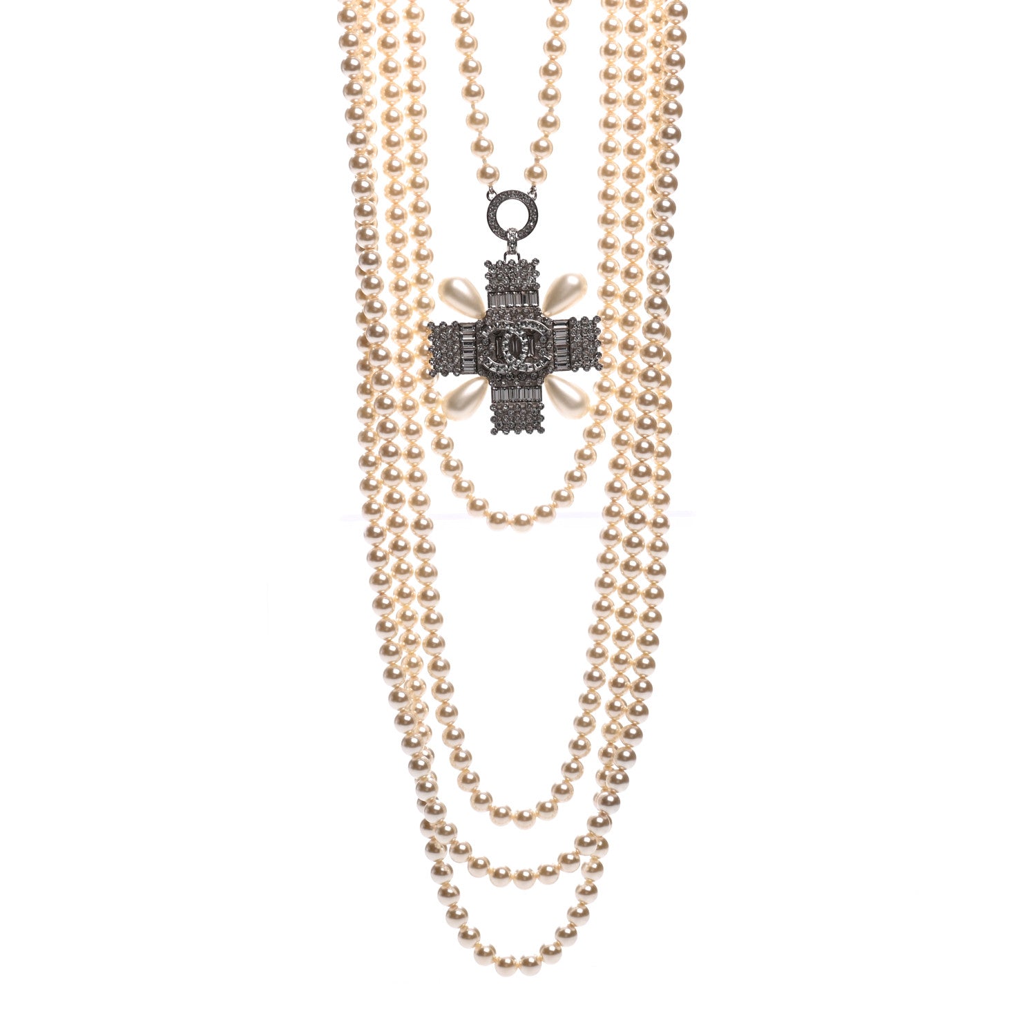 Chanel Pearl Crystal Baguette Double Strand CC Necklace Silver 1 of 5