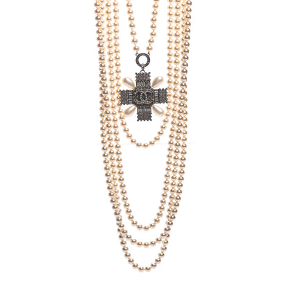 Chanel Pearl Crystal Baguette Double Strand CC Necklace Silver 1 of 5