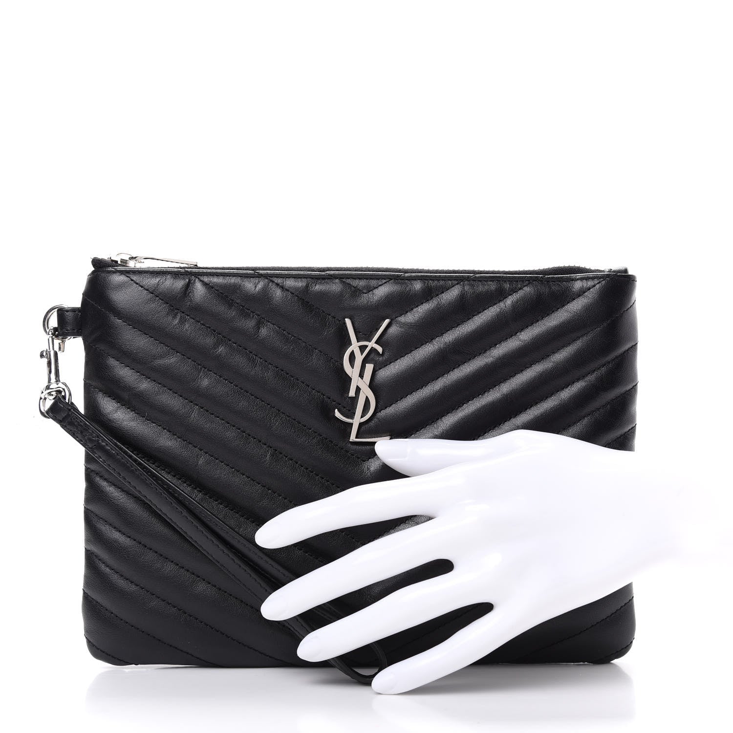 Saint Laurent Calfskin Matelasse Chevron Monogram A5 Wristlet Black 2 of 8