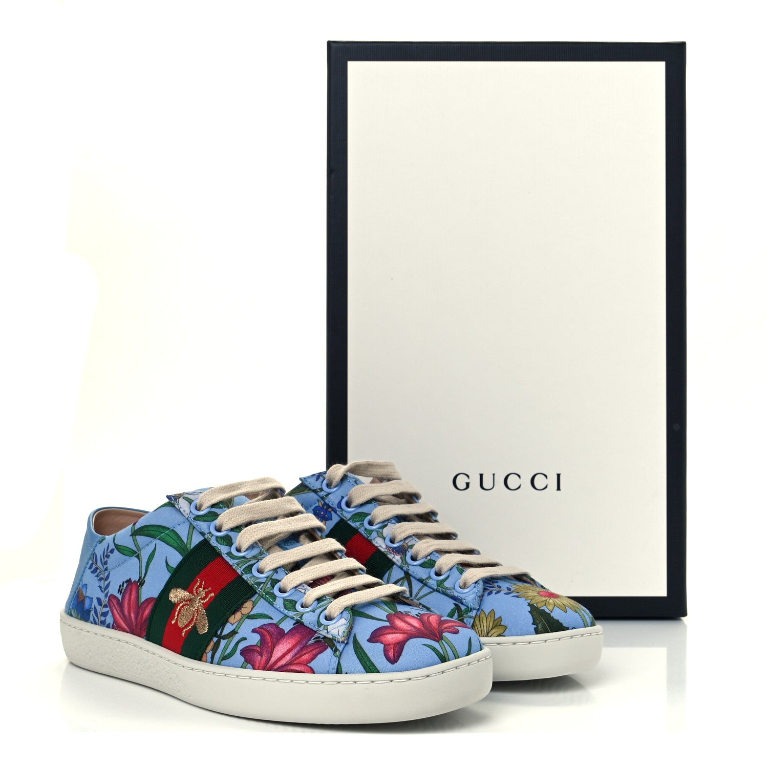 Gucci Calfskin Web New Flora Print Womens Ace New Sneakers 35 Azure 12 of 12