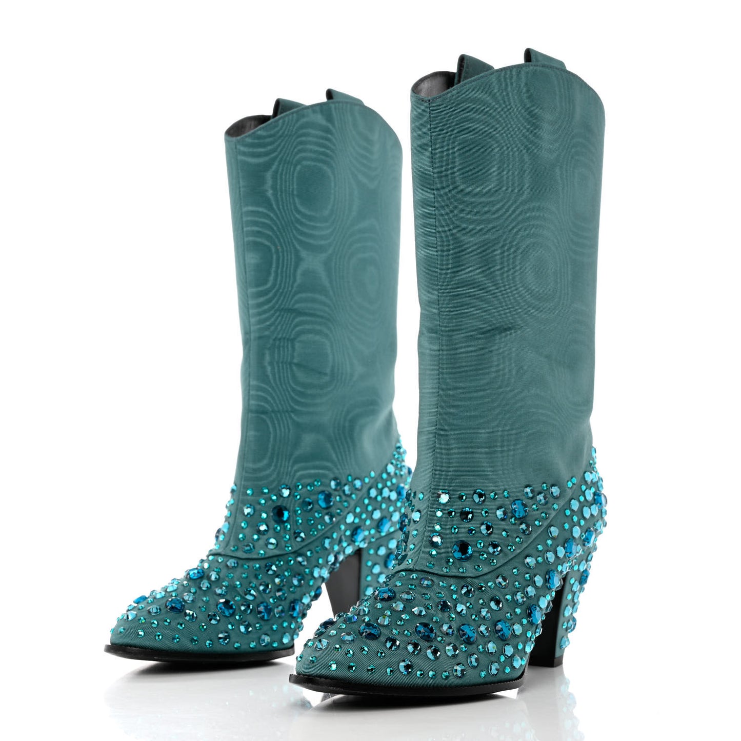 Nylon Crystal Embellished Cowboy Boots 37.5 Turquoise