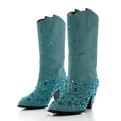 Gucci Nylon Crystal Embellished Cowboy Boots 37.5 Turquoise 3 of 9