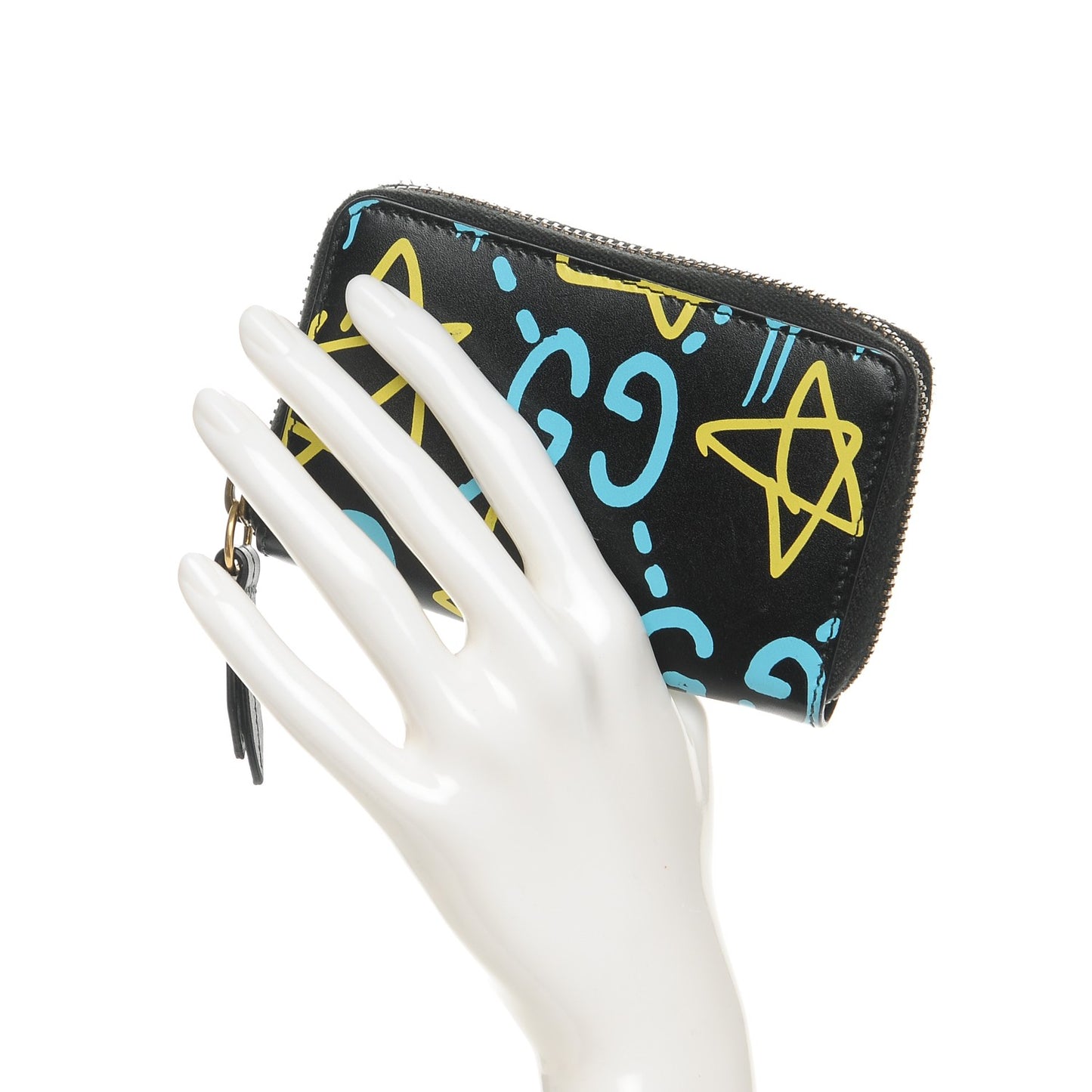 Calfskin GucciGhost Zip Around Card Case Black New Acquamarine