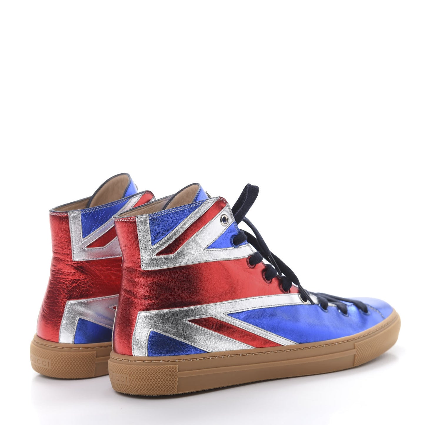 Metallic Calfskin Union Jack Mens High Top Sneakers 8.5 Red Silver Blue