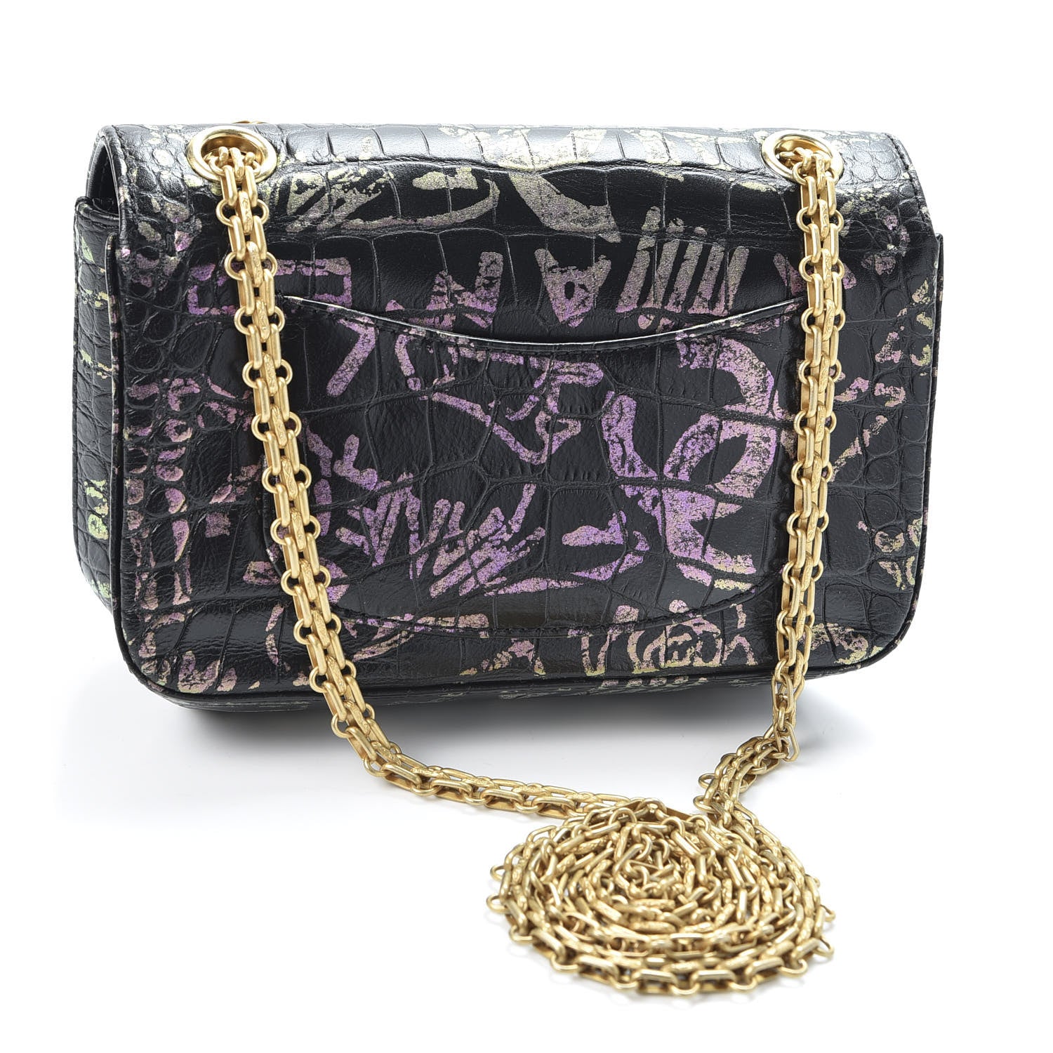 Chanel Calfskin Crocodile Embossed Graffiti 2.55 Mini Cocodile Reissue Flap Black Pink 2 of 9