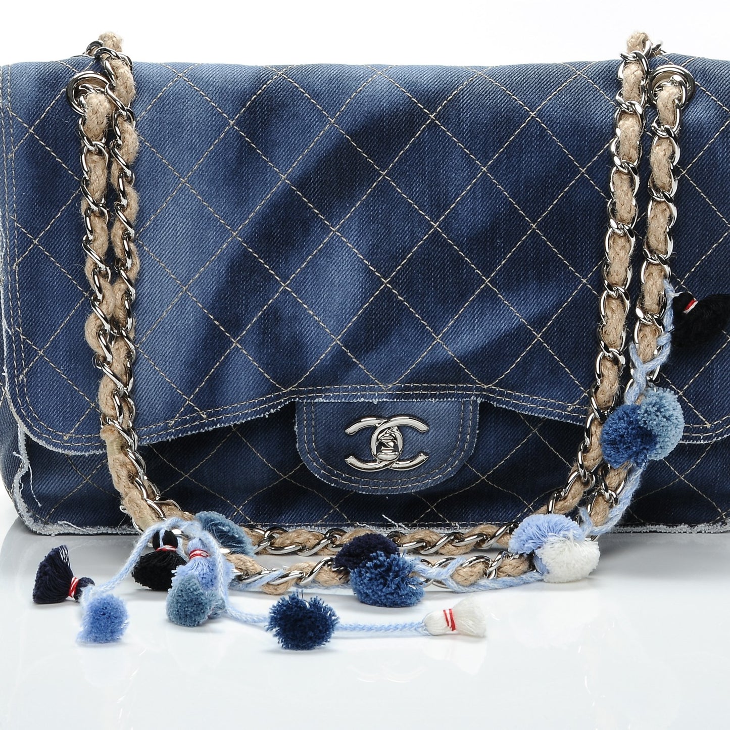 Denim Quilted Jumbo Pompom Flap Dark Blue