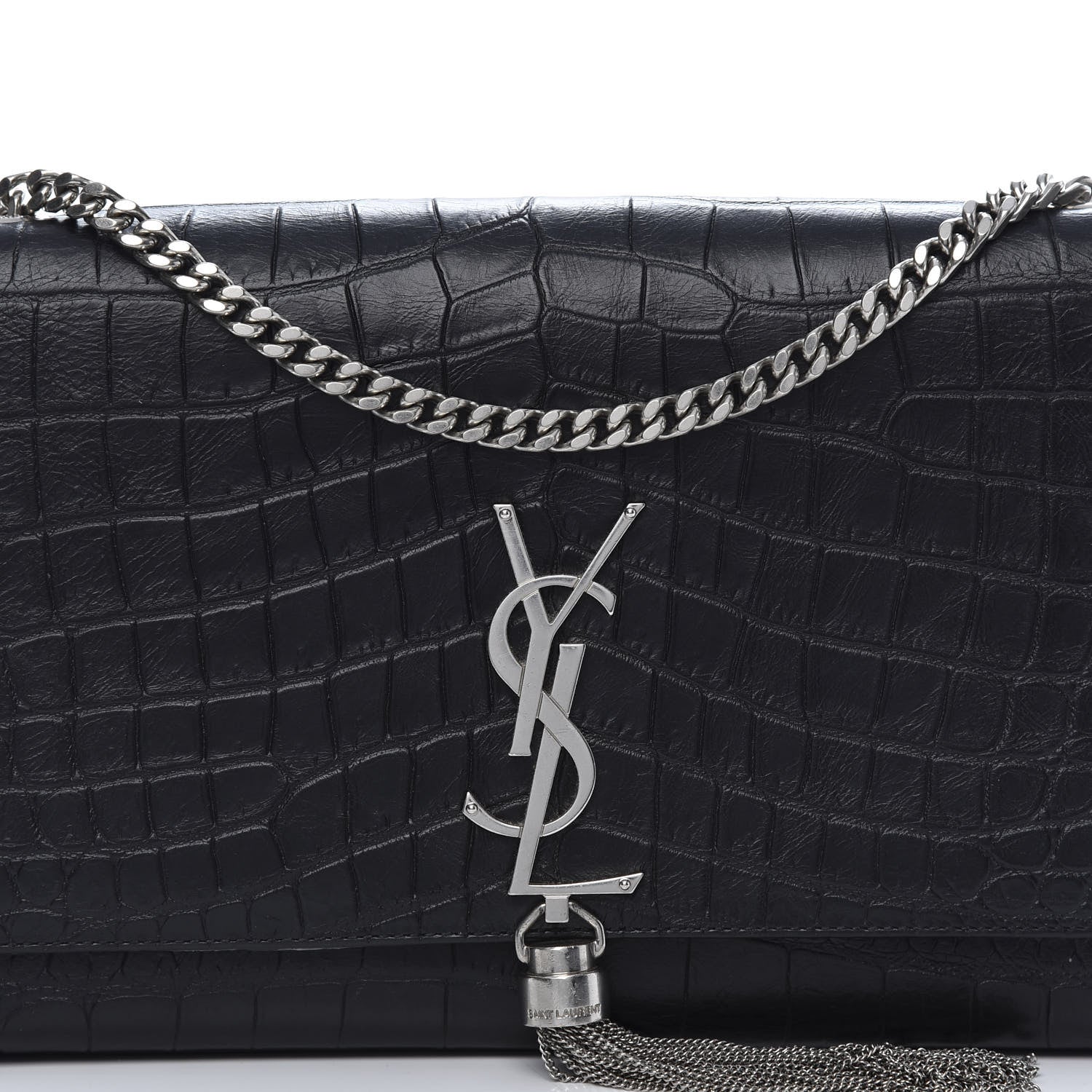 Saint Laurent Calfskin Crocodile Embossed Medium Classic Monogram Kate Tassel Satchel Black 10 of 10