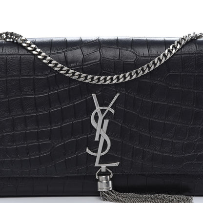 Saint Laurent Calfskin Crocodile Embossed Medium Classic Monogram Kate Tassel Satchel Black 10 of 10