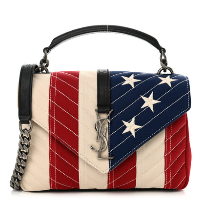 Saint Laurent Canvas Matelasse Chevron American Flag Monogram Medium College Bag Red Blue 1 of 11