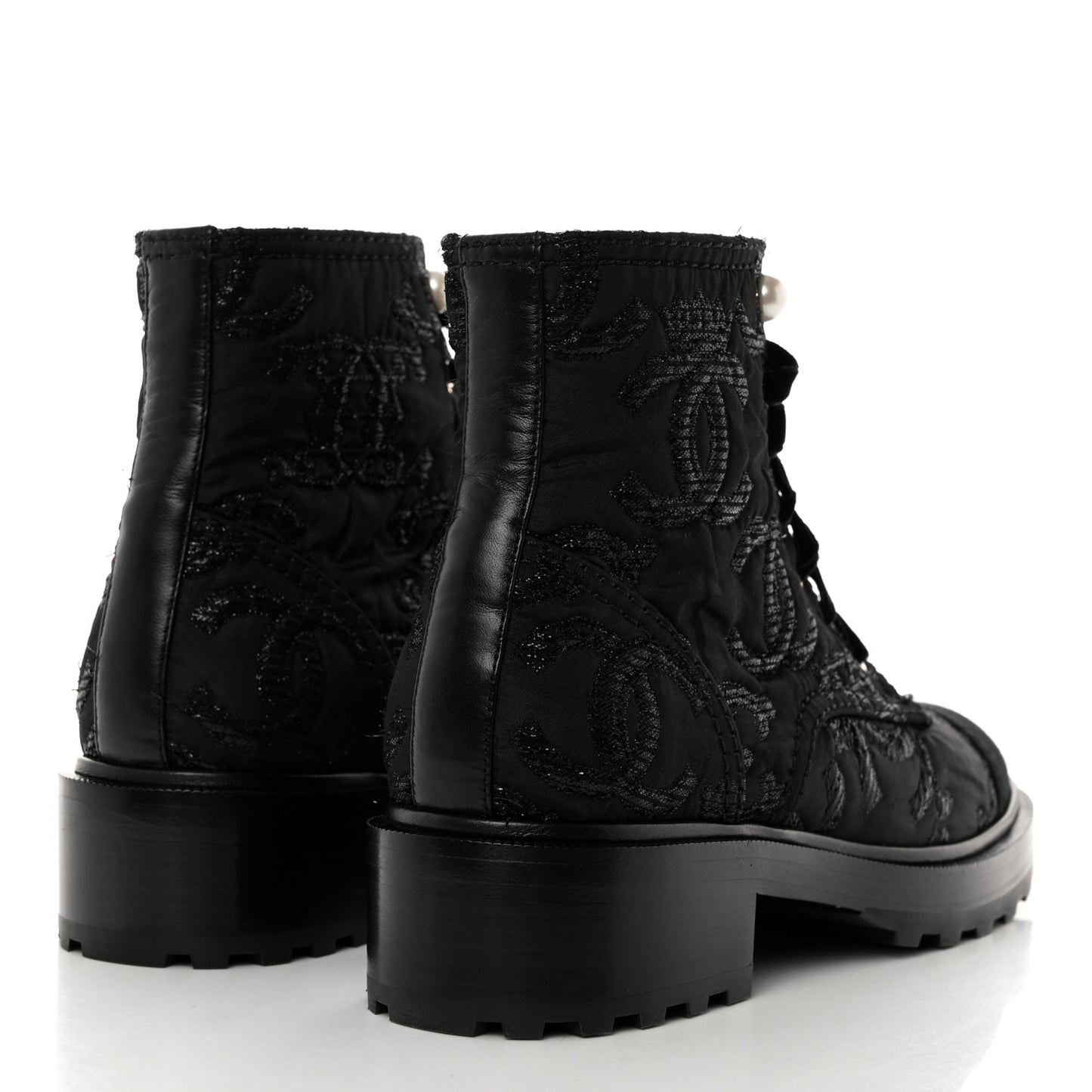 Tweed Grosgrain CC Combat Short Boots 38.5 Black