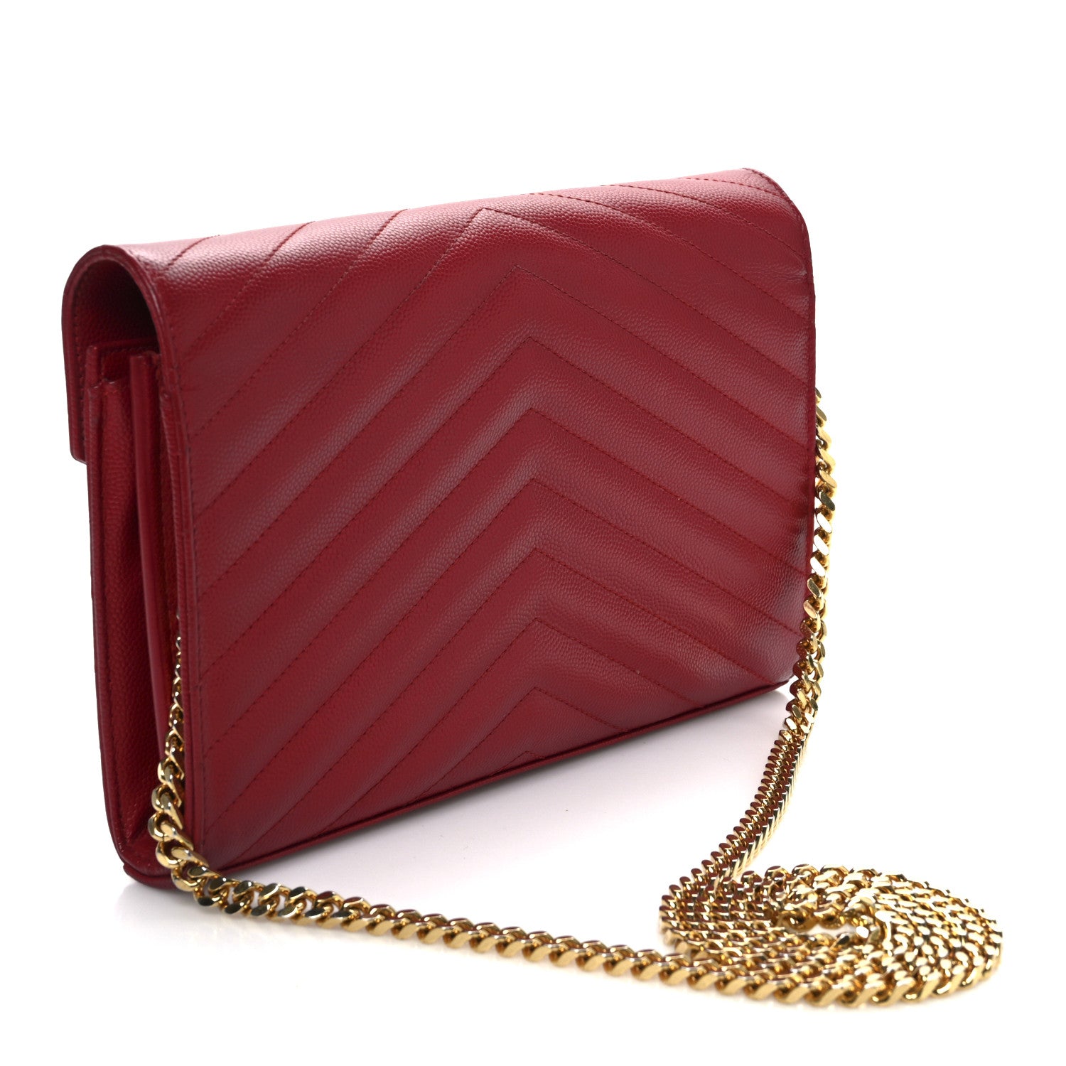 Saint Laurent Grain De Poudre Matelasse Chevron Monogram Chain Wallet New Red 3 of 12