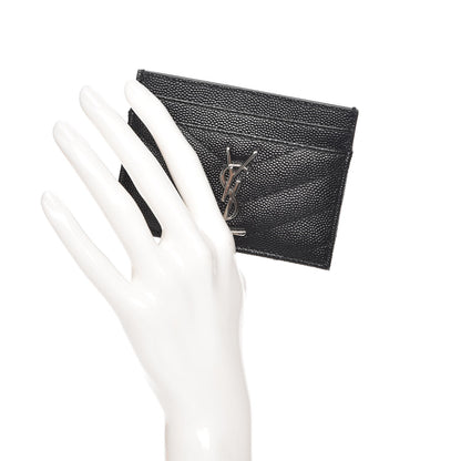 Saint Laurent Grain De Poudre Matelasse Chevron Monogram Credit Card Case Black 2 of 9