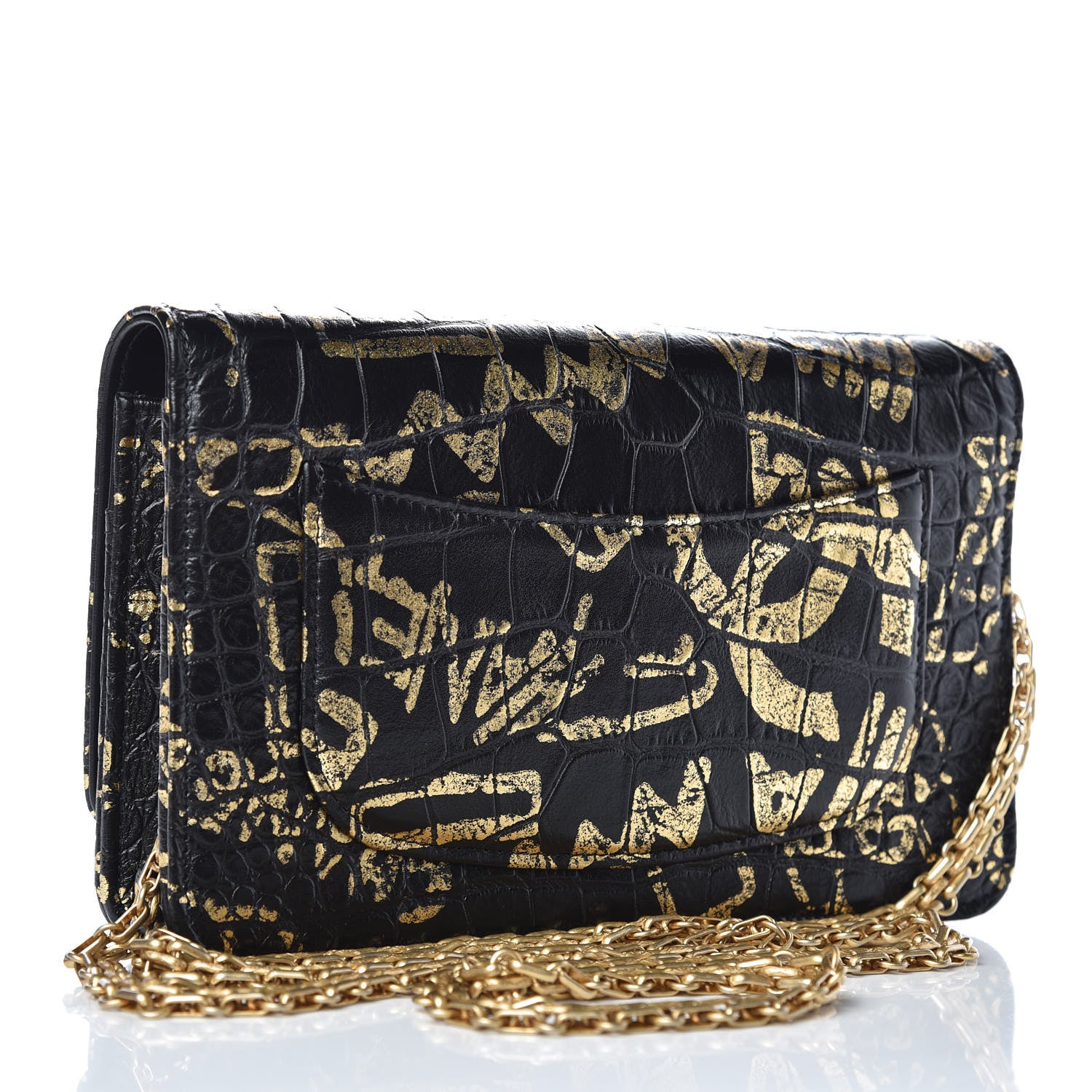 Chanel Calfskin Crocodile Embossed Graffiti 2.55 Cocodile Reissue Wallet On Chain WOC Black Gold 3 of 13